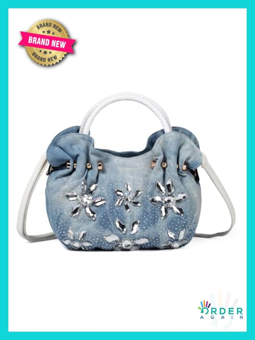 Washed Denim Rhinestone Evening Bag Sparkly Crystal Crossbody Handbag for Women